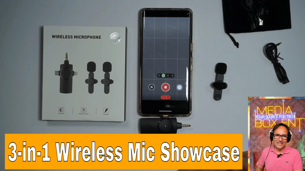 3-in-1 wireless microphone set displayed with smartphone and presenter ready for a product review.