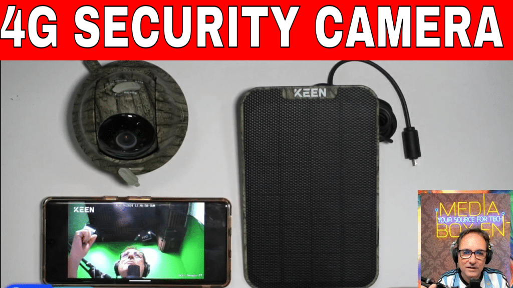 A camouflaged 4G security camera connected to a solar panel with the live feed displayed on a smartphone