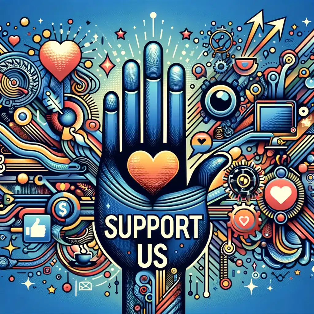 Colorful illustration of an open hand with icons symbolizing support and digital engagement.