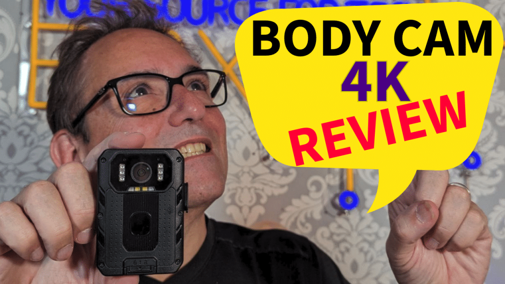 Enthusiastic man showcasing a 4K body camera with text bubble saying 'BODY CAM 4K REVIEW