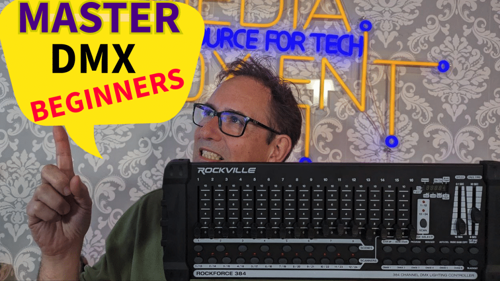 Man showcasing a Rockville DMX lighting controller with text promoting a beginner's guide.