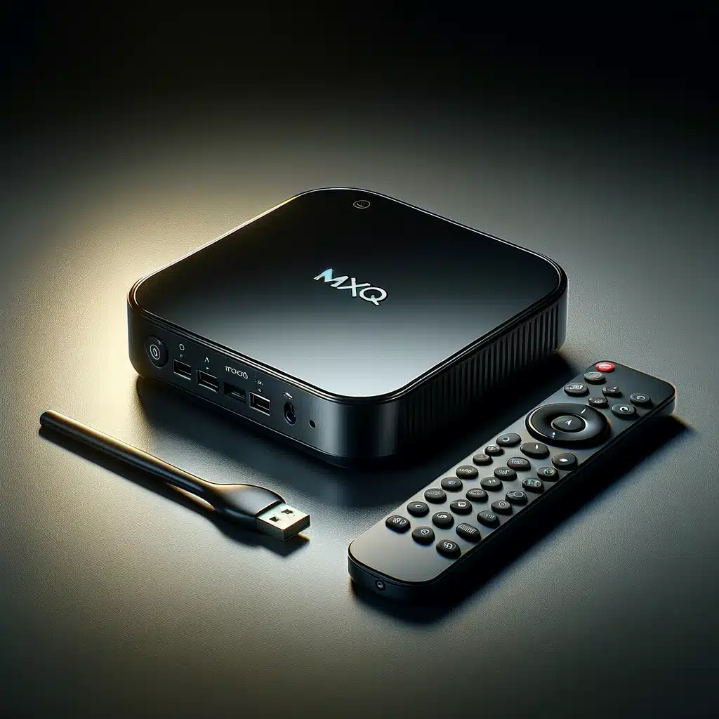 Reproductor multimedia en streaming con mando a distancia y cable USB sobre una superficie oscura.