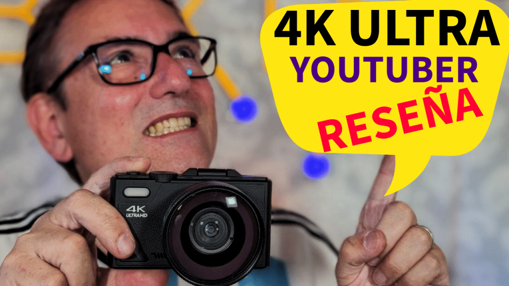 Hombre sosteniendo una cámara 4K Ultra HD con un globo de texto que dice '4K Ultra YouTuber Reseña