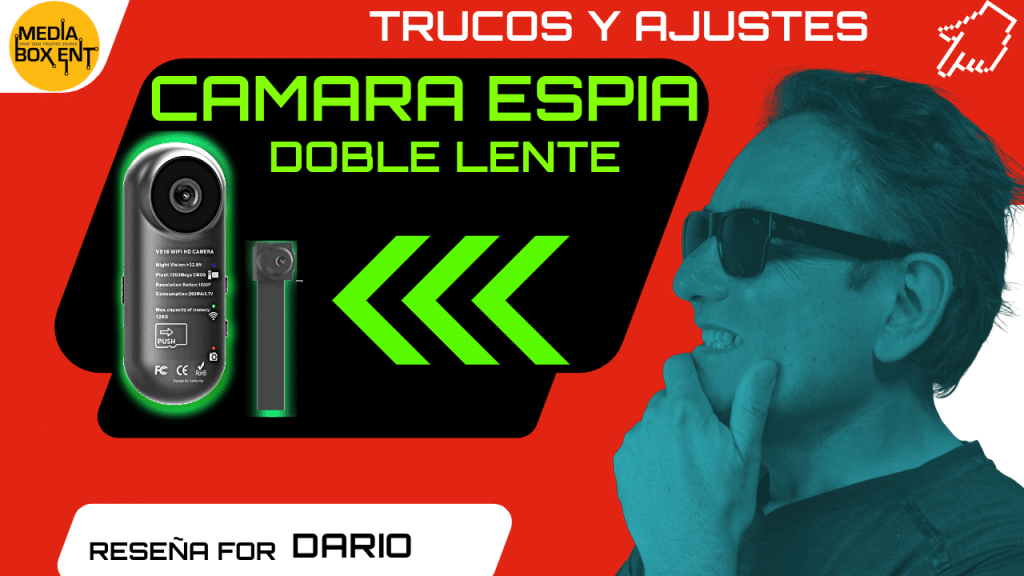 Camara Espia Doble Lente – Double Lens Spy Camera Featured in a Tech Review by Media Box Ent. The image includes a dual-lens spy camera model V918, a person in sunglasses pondering, and the Media Box Ent logo