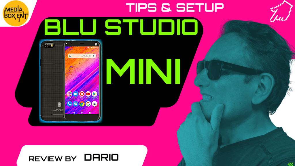 Thumbnail for BLU Studio Mini smartphone review by Dario, featuring a vibrant phone display and a reviewer in a thinking pose.