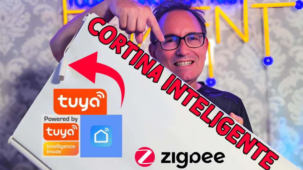 Hombre señalando una cortina inteligente con logotipos de Tuya y Zigbee.