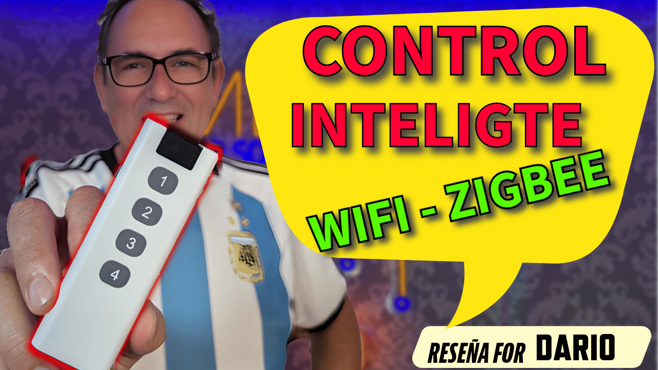 Hombre sosteniendo un control remoto inteligente con el texto "CONTROL INTELIGENTE WIFI - ZIGBEE" en un fondo colorido.