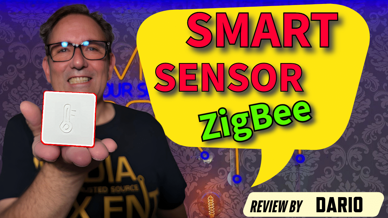 A smiling man wearing glasses is holding a small white smart sensor device with a thermometer symbol. In the background, there is a decorative wall and a large yellow speech bubble with the text "SMART SENSOR ZigBee" in bold red and green letters. At the bottom right, there is a label that reads "Review by Dario" in black text.