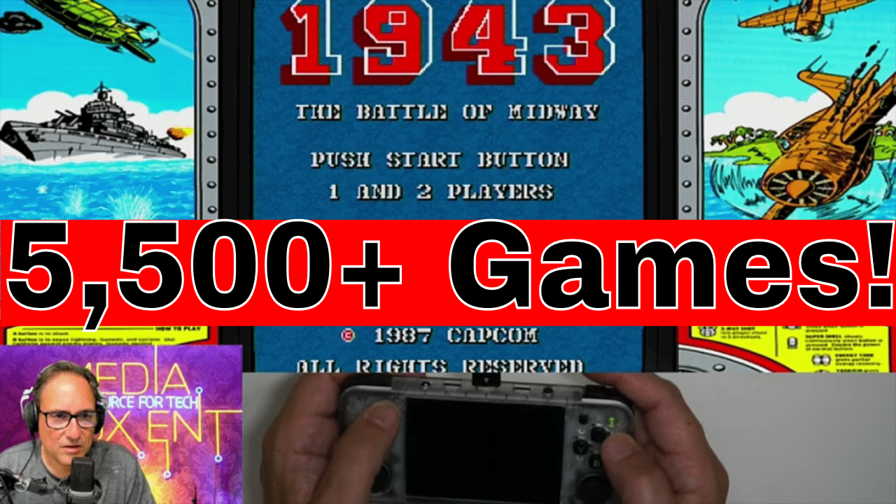 Retro gaming enthusiast holding a handheld console with the classic game '1943: The Battle of Midway' on screen, featuring '5,500+ Games!' overlay text.