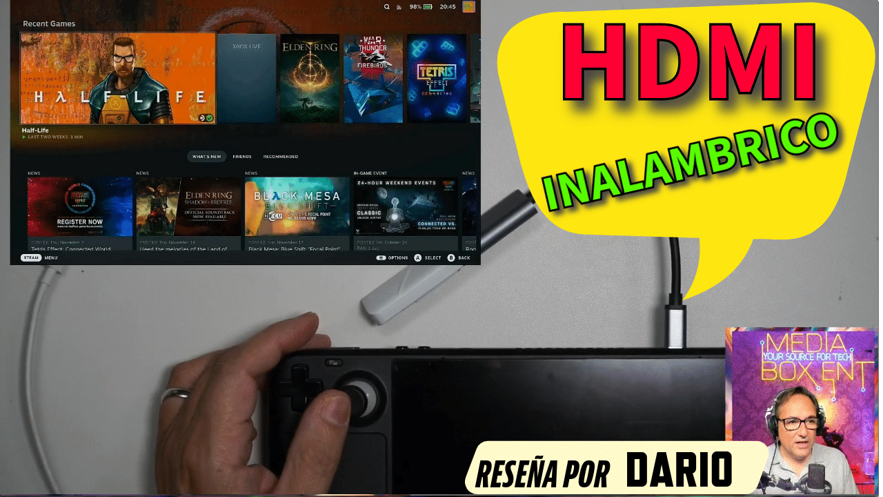 Dispositivo de videojuegos con conexión HDMI inalámbrica, mostrando una interfaz de juegos recientes como Half-Life y Elden Ring, con texto destacado que dice "HDMI INALÁMBRICO