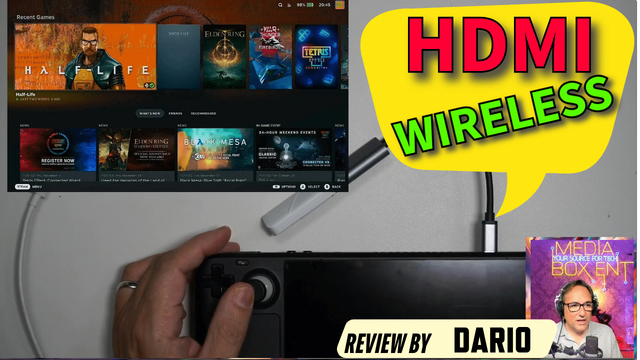 Gaming device with wireless HDMI connection, displaying a recent games interface featuring titles like Half-Life and Elden Ring, with highlighted text saying "WIRELESS HDMI."