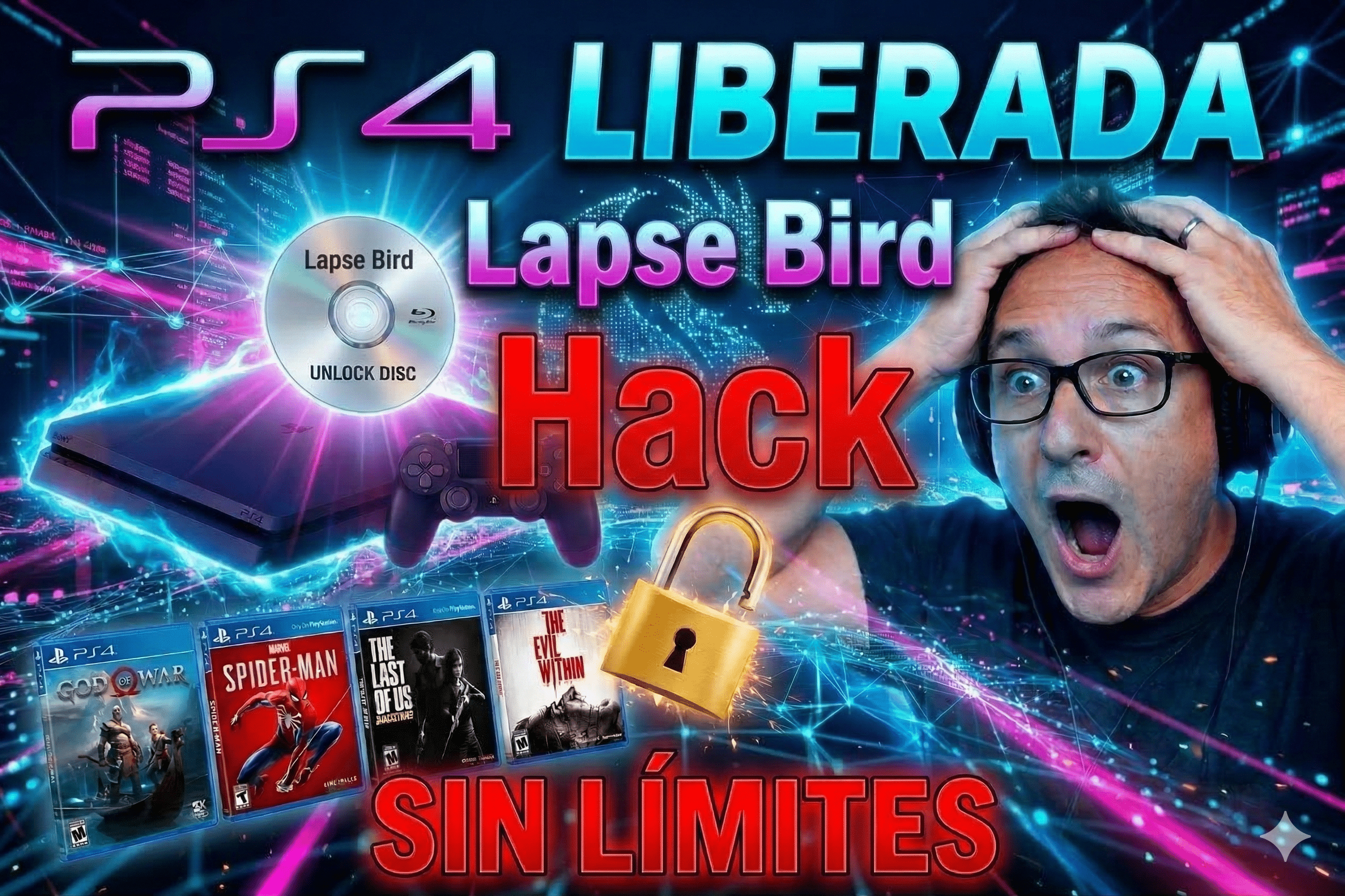 PS4 jailbreak hack concept showing Lapse Bird unlock disc, PlayStation console, games, and surprised man with “sin límites” text